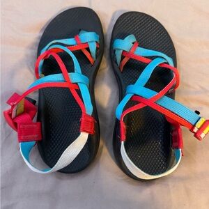 Chaco Women's Black Sandals with Blue and Red Straps